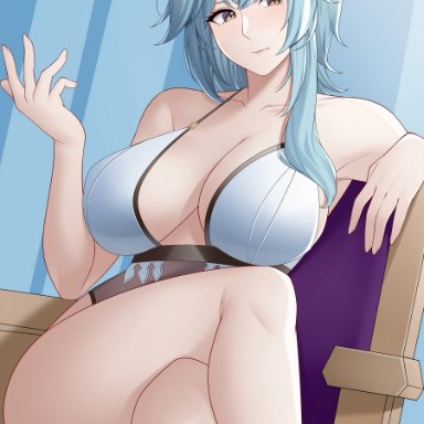 1girls, amber eyes, aslindsamure, big breasts, blue hair, bra, bra strap, breasts, cleavage, clothed, collarbone, eula (genshin impact), female, female focus, female only