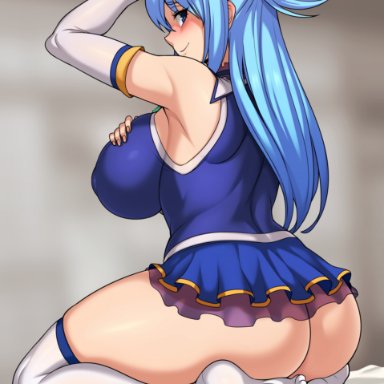 1girls, aqua (konosuba), ass, big breasts, big butt, blue eyes, blue hair, breasts, eye contact, female, huge breasts, jmg, kono subarashii sekai ni shukufuku wo!, large breasts, legwear