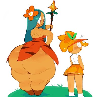 ass, bottom heavy, bottomless, bulumble-bee, child bearing hips, cookie run, fat ass, female, food creature, hand on hip, huge ass, humanoid, larger female, orange cookie, size difference