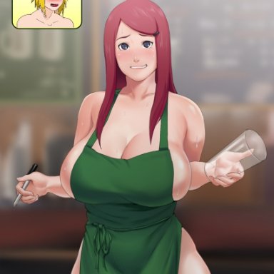 1boy, 1girls, blurry background, blush, curvaceous, curvy, feet out of frame, female, holding pen, huge breasts, human, husband and wife, iced latte with breast milk, long hair, looking at viewer