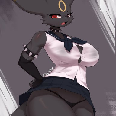 1girl, anthro, black fur, burgerkiss, eeveelution, female, furry, game freak, looking at viewer, nintendo, pokémon (species), pokemon, pokemon gsc, school uniform, tagme