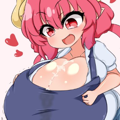 1boy, 1girls, big breasts, blush, breasts, covered paizuri, cum, cum between breasts, hearts, horns, huge breasts, ilulu (dragon maid), miss kobayashi's dragon maid, monster girl, moyashi udon