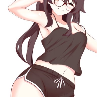 ;), absurdres, adjusting hair, alternate costume, alternate hairstyle, armpits, bangs, bespectacled, black shorts, blush, bow, bowtie, breasts, brown hair, cleavage