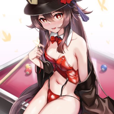 1girls, barefoot, billiards, black coat, blush, bow, breasts, brown hair, cleavage, coat, female, genshin impact, hat, hi res, hu tao (genshin impact)