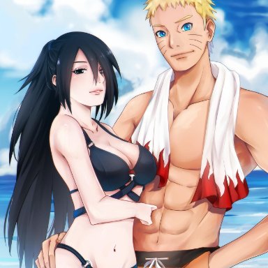 1boy, 1girls, alternate hairstyle, beach, big breasts, bikini, black eyes, blue eyes, blush, boruto: naruto next generations, breasts, busty, cleavage, curvaceous, curvy