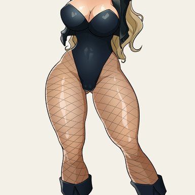 1girl, arms behind head, big breasts, big hair, biker clothes, biker jacket, birds of prey, black boots, black canary, black choker, black leotard, blonde hair, blue eyes, boots, breasts