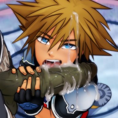 blue eyes, brown hair, cum, cum in hair, cum on face, cum on penis, dark skin, fellatio, fingerless gloves, ganondorf, gay, gloves, kingdom hearts, licking, licking cum