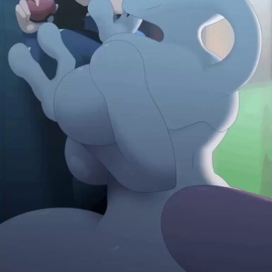 against surface, against wall, animated, animated png, anthro, anthro dominating human, ass, assertive female, big ass, big breasts, big butt, breasts, butt, calem (pokémon), cute