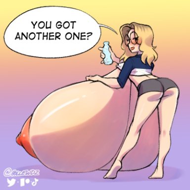 1girls, ass, big breasts, big nipples, blonde hair, breast expansion, clothed, dialogue, exposed breasts, female, female only, gigantic breasts, glasses, hollewdz, huge breasts