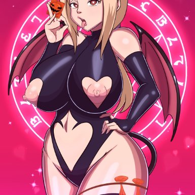 1girls, absurd res, areolae, big breasts, breasts, condom, female, halloween, hand on hip, heart-shaped pupils, high resolution, horns, huge breasts, large breasts, leotard