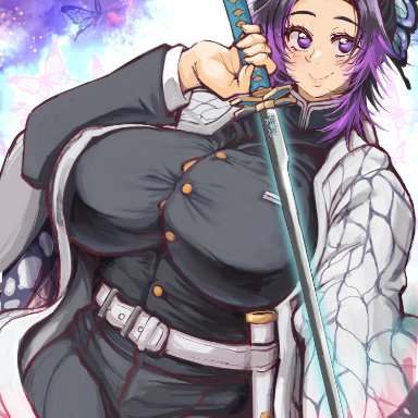 big breasts, butterfly hair ornament, clothing, demon slayer, female, female only, fully clothed, haori, huge breasts, kimetsu no yaiba, kochou shinobu, purple eyes, purple hair, smile, solo