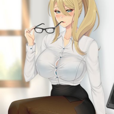 blonde hair, blue eyes, bluse, buttons, computer, cosplay, desk, glasses, i wanna have the confidence this woman has with her shirt., metroid, mole under mouth, pantyhose, samus aran, seductive, sitting on desk