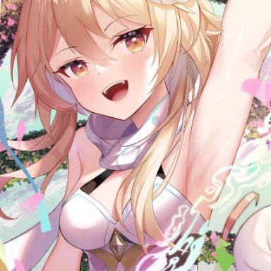 absurdres, arm up, armpits, blonde hair, breasts, cloud, eyebrows visible through hair, female, flower, genshin impact, hair flower, hair ornament, halter top, halterneck, highres