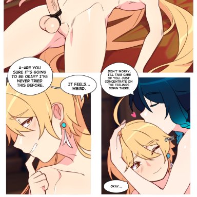 2boys, 2d, aether (genshin impact), blonde hair, cock ring, comic, comic page, constriction, cute, dialogue, digital drawing (artwork), digital media (artwork), embarrassed, femboy, flat chest