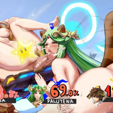 1boy, 2021, 2girls, 69 (number), a link between worlds, animal ears, areolae, artist signature, ass, awesomeerix, battlefield (super smash bros), blonde hair, blowjob, blue eyes, breasts