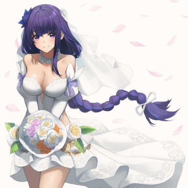 1girl, 1girls, bouquet, bouquet of flowers, braided hair, bride, dress, female focus, flower petals, flowers, genshin impact, happy, long hair, looking at viewer, purple hair