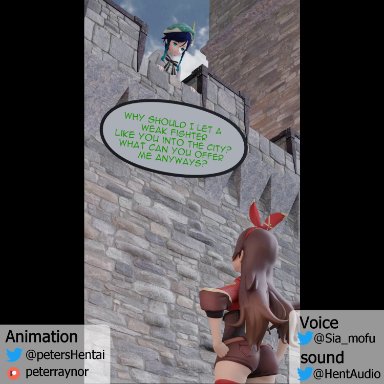 3d, amber (genshin impact), anal, animated, big penis, brunette, castle, climbing, climbing wall, clothed, clothed sex, dark blue hair, dialog, dialogue, dickgirl