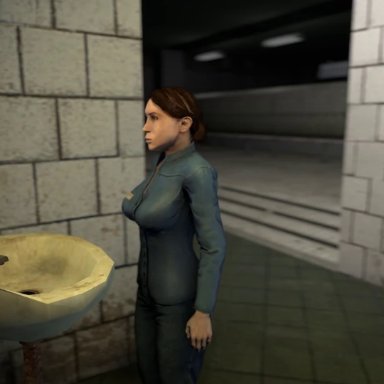 2girls, animated, breast grab, breast squeeze, breasts, brown hair, citizen, dark hair, half-dressed, half-life, half-life 2, half naked, hand under clothes, handjob, kissing