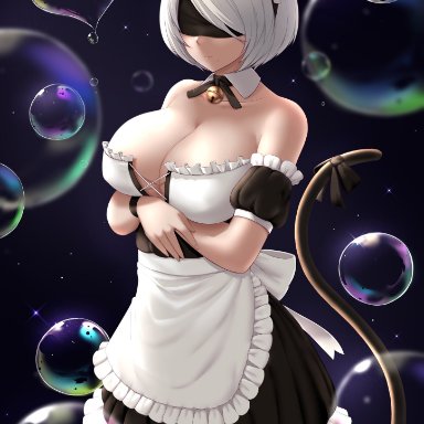 1girls, blindfold, breasts, bubbles, cat ears, cat girl, cat tail, female, female focus, female only, heart bubbles, kaos art, maid uniform, nier: automata, nier (series)