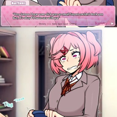 1boy, 1girls, big penis, black hair, blue eyes, ddlc text box, doki doki literature club, female, large penis, natsuki (doki doki literature club), no panties, penis, pink eyes, pink hair, pussy