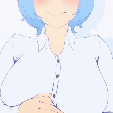 animated, animated gif, big breasts, blue hair, blush, bouncing breasts, breasts, button down shirt, button pop, buttons, collared shirt, exposed breasts, exposing chest, gif, grabbing own breast