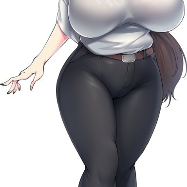 bra strap, bra visible through clothes, braided hair, brown hair, female, full body, fully clothed, grey eyes, huge breasts, long hair, milf, mole under mouth, necklace, original, ryuun (stiil)