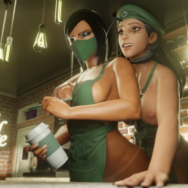 2girls, 3d, ana amari, blender, blizzard entertainment, boob squeeze, breast grab, breasts, coffee, daughter, iced latte with breast milk, mother, mother and daughter, overwatch, pharah