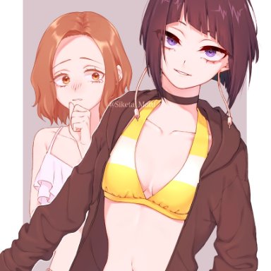 2girls, bikini, black hair, black jacket, blue eyes, breasts, brown hair, choker, clavicle, cleavage, clothing, female, hand in pocket, hood, hood down