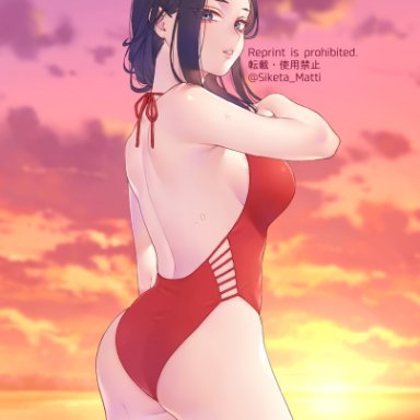 ass, black eyes, black hair, breasts, casual one-piece swimsuit, cloud, cowboy shot, dated, english, english text, female, from behind, gradient sky, horizon, long hair