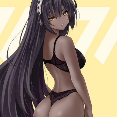 1girls, artist logo, ass, back, black bra, black hair, black panties, blue archive, blush, bra, dark-skinned female, dark skin, female, highres, j adsen