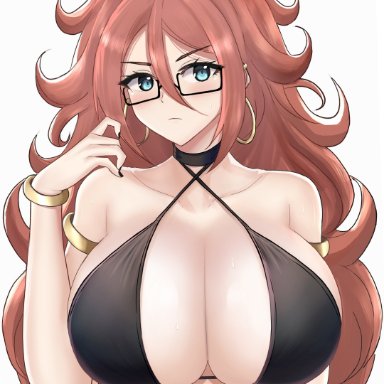 alternate breast size, android 21, android 21 (human), big breasts, breasts, brown hair, desspie, dragon ball, dragon ball fighterz, glasses, looking at viewer, tagme, white skin