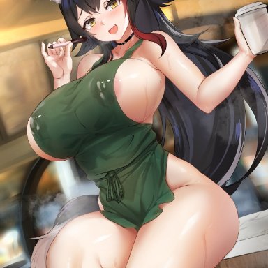 1girls, 2021, alternate version available, animal ears, apron, apron only, areola slip, areolae, artist signature, bare legs, barista, black hair, breasts, choker, feet out of frame