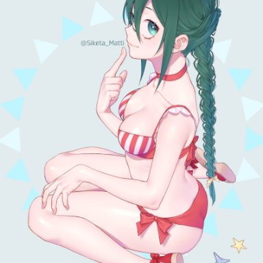 ankle bow, ankle ribbon, ass, asui tsuyu, bikini, blue eyes, bow, braid, breasts, choker, clavicle, cleavage, female, french braid, green hair