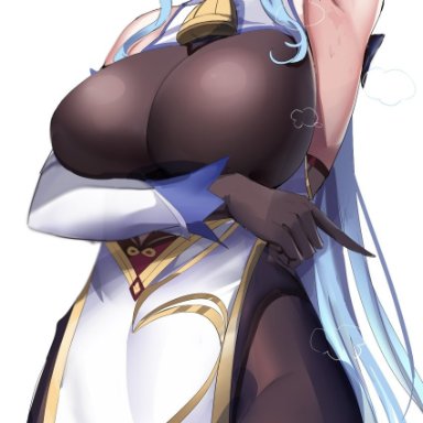 1girls, absurdres, ahoge, armpits, bangs, bell, blue eyes, blush, bodysuit, breasts, brown bodysuit, brown gloves, cape, elbow gloves, ganyu (genshin impact)