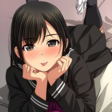 absurdres, black eyes, black hair, black serafuku, blush, feet, female, highres, long hair, looking at viewer, lying, matsunaga kouyou, on stomach, original, panties