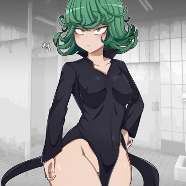 bathroom, blush, dress, green eyes, green hair, hand on hip, looking at viewer, no panties, one-punch man, pipi (artist), shiny skin, short hair, standing, tatsumaki, thick thighs