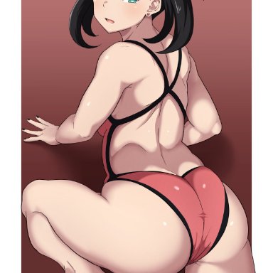 1girls, ass, big ass, big butt, black hair, breasts, eye contact, female, hair ribbon, looking at viewer, looking back, marnie (pokemon), nintendo, oryuto, pokemon