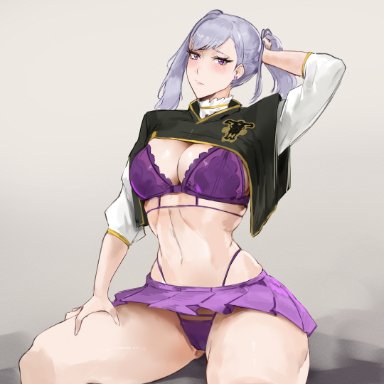 1girls, absurd res, big breasts, black clover, high resolution, huge ass, kisou, miniskirt, noelle silva, purple bikini, purple bra, purple lingerie, purple panties, silver hair, solo