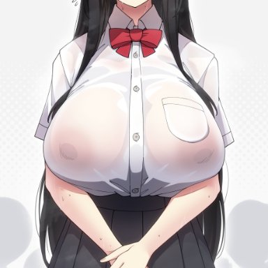 big breasts, black hair, blush, embarrassed, female, huge breasts, long hair, mole under eye, neck ribbon, nipple bulge, nipples visible through clothing, no bra, original, pleated skirt, purple eyes