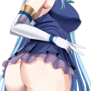 1girls, :d, absurdres, aqua (konosuba), ass, bare shoulders, blue eyes, blue hair, blush, bow, bowtie, breasts, elbow gloves, eyebrows visible through hair, feet out of frame