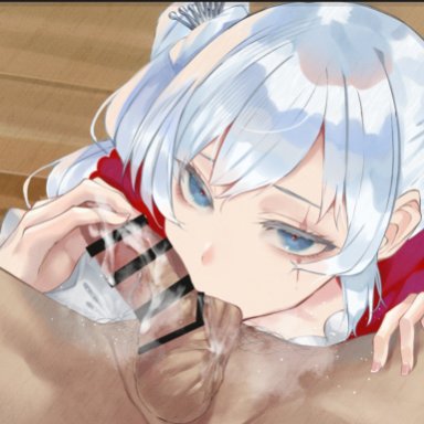 1boy, 1girls, 69, 69 position, ball sucking, blue eyes, censored, clothed female nude male, fellatio, handjob, nude, oral, rwby, suujiniku, suushiki