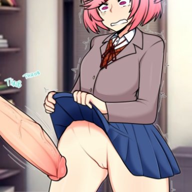 1boy, 1girls, big penis, ddlc text box, doki doki literature club, female, large penis, light-skinned female, light-skinned male, light skin, natsuki (doki doki literature club), no panties, penis, pink eyes, pink hair