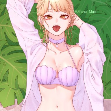 alternative costume, alternative hairstyle, arms behind head, bags under eyes, bangs, bikini, blonde hair, breasts, choker, clavicle, double bun, female, himiko toga, lavender bikini, lavender swimsuit