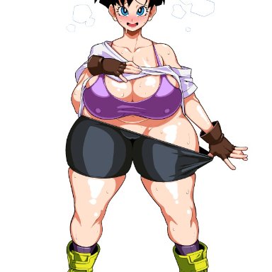 belly, belly button, biker gloves, black hair, blue eyes, blush, boots, breasts bigger than head, bunkwizard, busty, cameltoe, curvy, dragon ball, dragon ball z, erect nipples