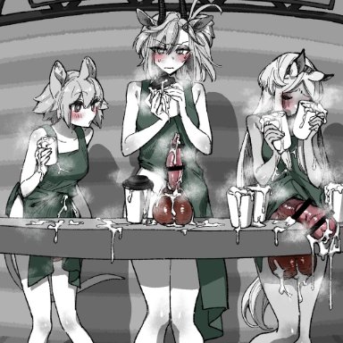 3futas, animal ears, animal genitalia, apron, apron only, balls, big balls, big penis, blush, breasts, censored, click (arknights), clothed, clothing, copyright request