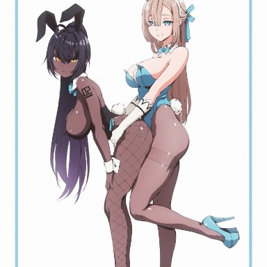 2girls, asuna (blue archive), big breasts, blue archive, breasts, bunny ears, bunny girl, bunnysuit, female, female only, flou, high heels, large breasts, looking at viewer