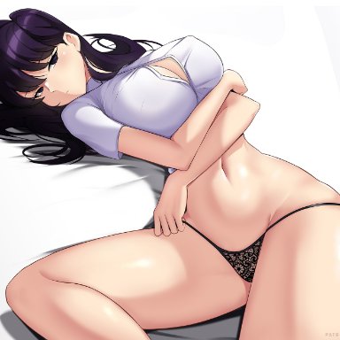 1girls, big breasts, black hair, breasts, eye contact, female, hioyami, komi-san wa komyushou desu, komi shouko, large breasts, long hair, looking at viewer, no pants, solo, thick thighs