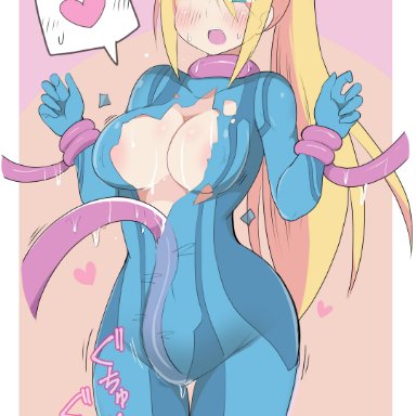 1girls, blonde hair, blue eyes, breasts, female, masturbation, metroid, nintendo, open mouth, samus aran, tagme, tentacle, white-stew, white skin, zero suit