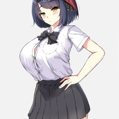 1girls, 2021, :<, absurd res, alternate costume, ara ara, bare arms, bird mask, black hair, blush, bob cut, bow, bowtie, breast pocket, breasts