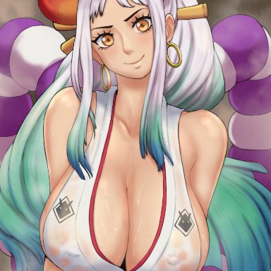 1girls, big breasts, breasts, earrings, eye contact, female, horns, long hair, looking at viewer, multicolored hair, nipple bulge, one piece, oppaiserothicc, smile, sweat